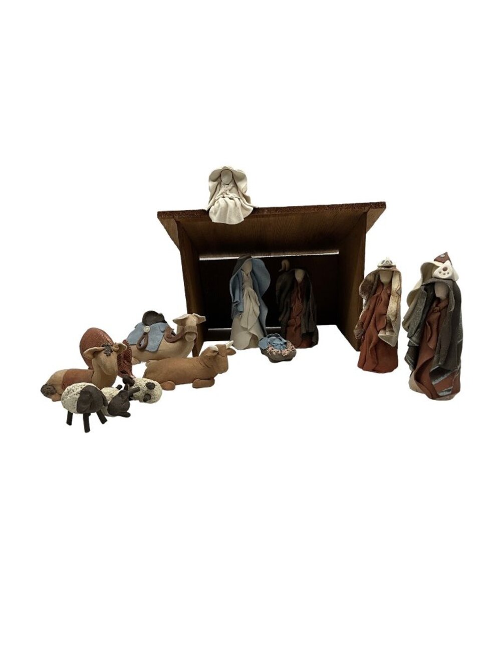 Hand Crafted Clay Pottery Nativity Set, 16 Figurines, 1 Wood Creche